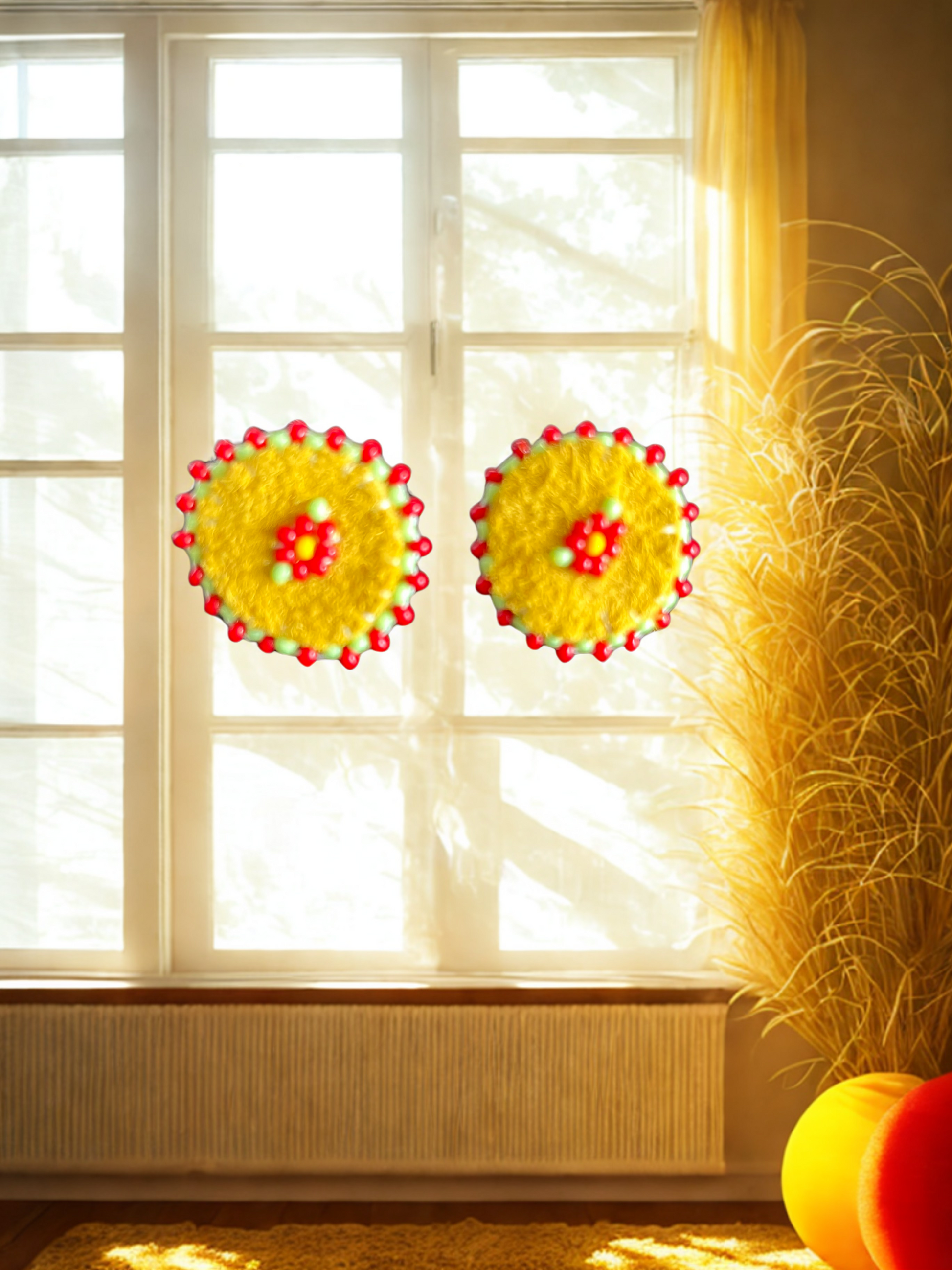 yellow suede round stud earrings with red flowers and green leaves beads and red and green bead edging.